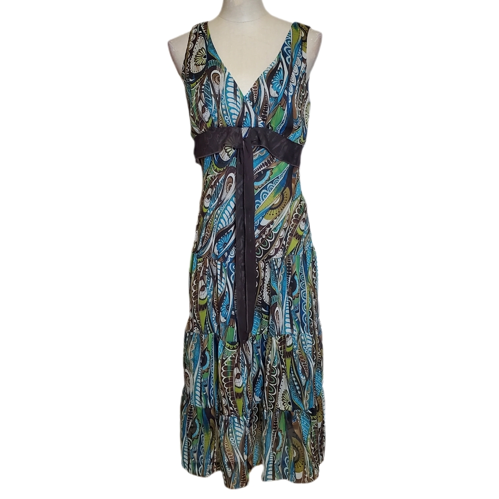 Connected Apparel Bohemian Halter Dress with Blue and Green Patterns Sz 6